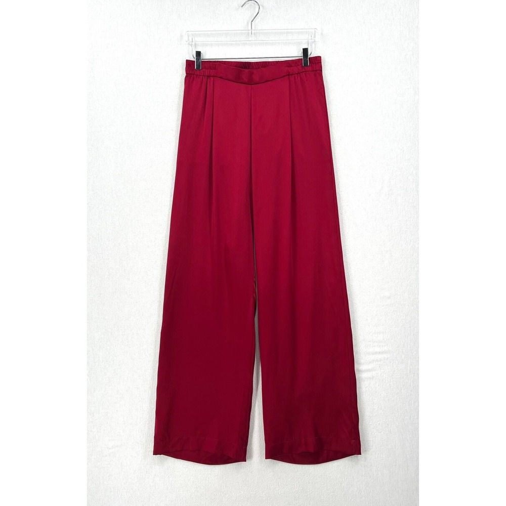 Enza Costa Wide Leg Satin Pants Womens Medium Red Pleated High Rise Pull on